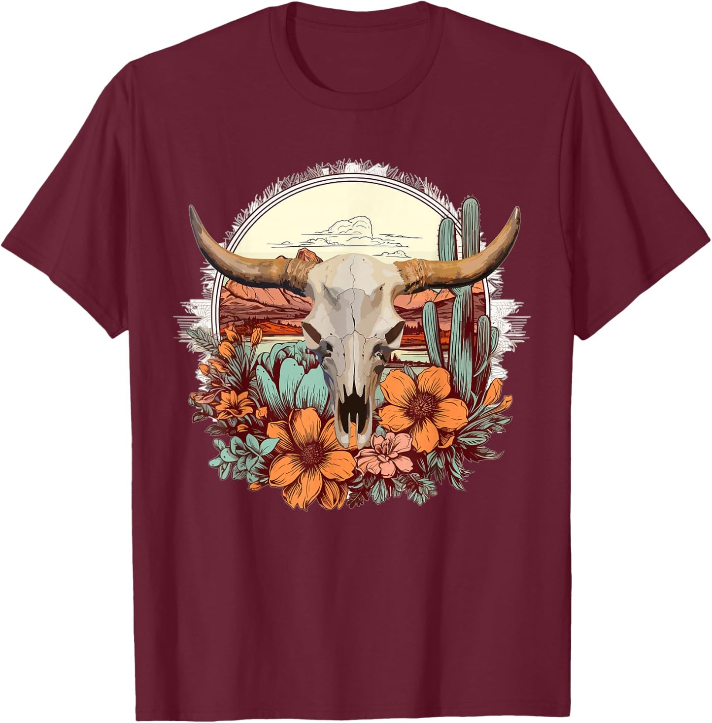Cow Skull Vintage Boho Cowgirl Cactus Flowers Western Rodeo T-Shirt - T-Shirt | Maroon