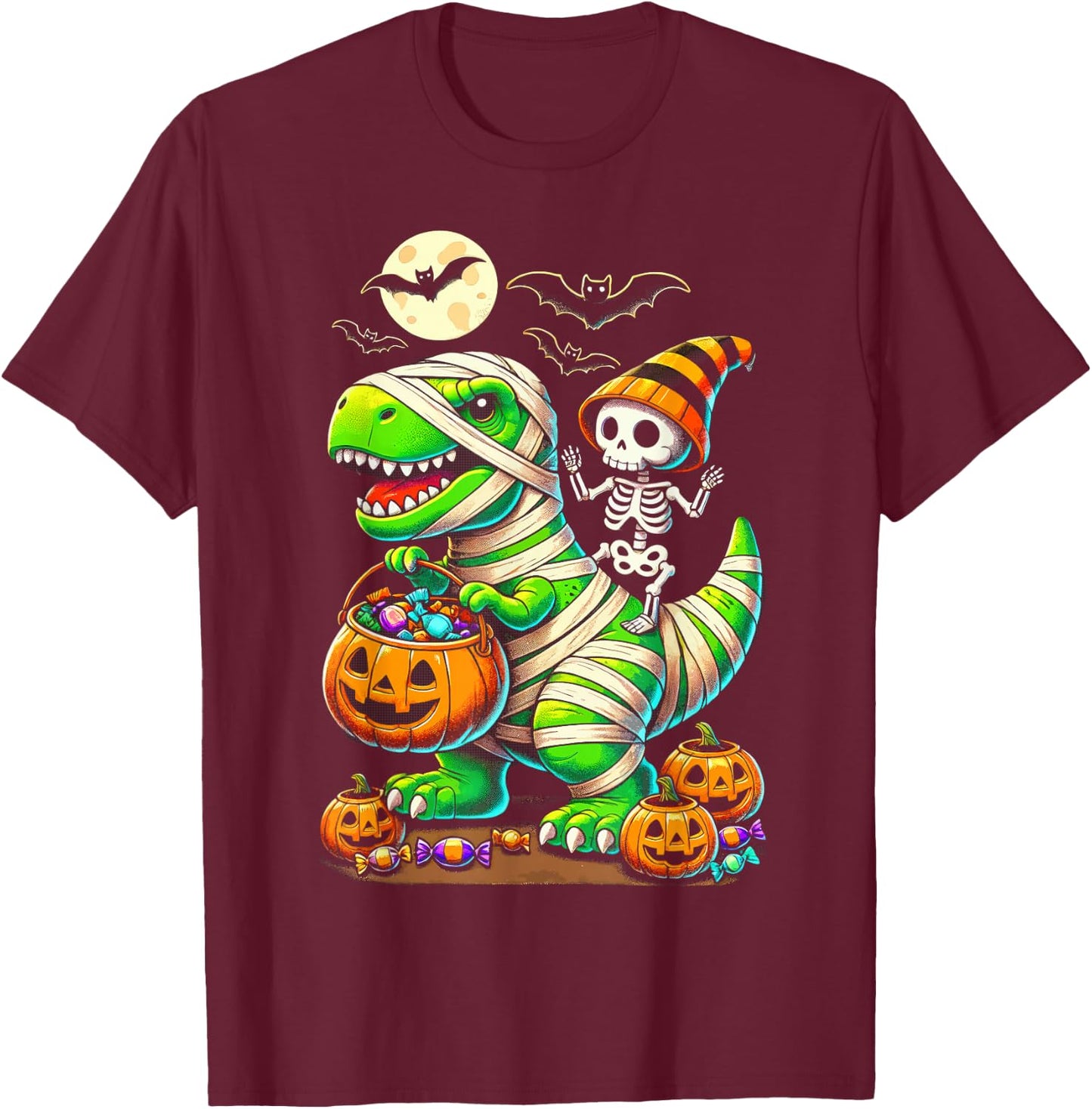 Halloween Funny T Rex Dinosaur Mummy Boys Trick Treat T-Shirt - T-Shirt | Maroon