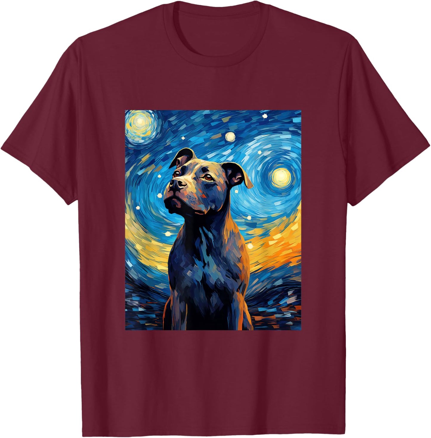 Staffordshire Bull Terrier Starry Night Van Gogh T-Shirt - T-Shirt | Maroon