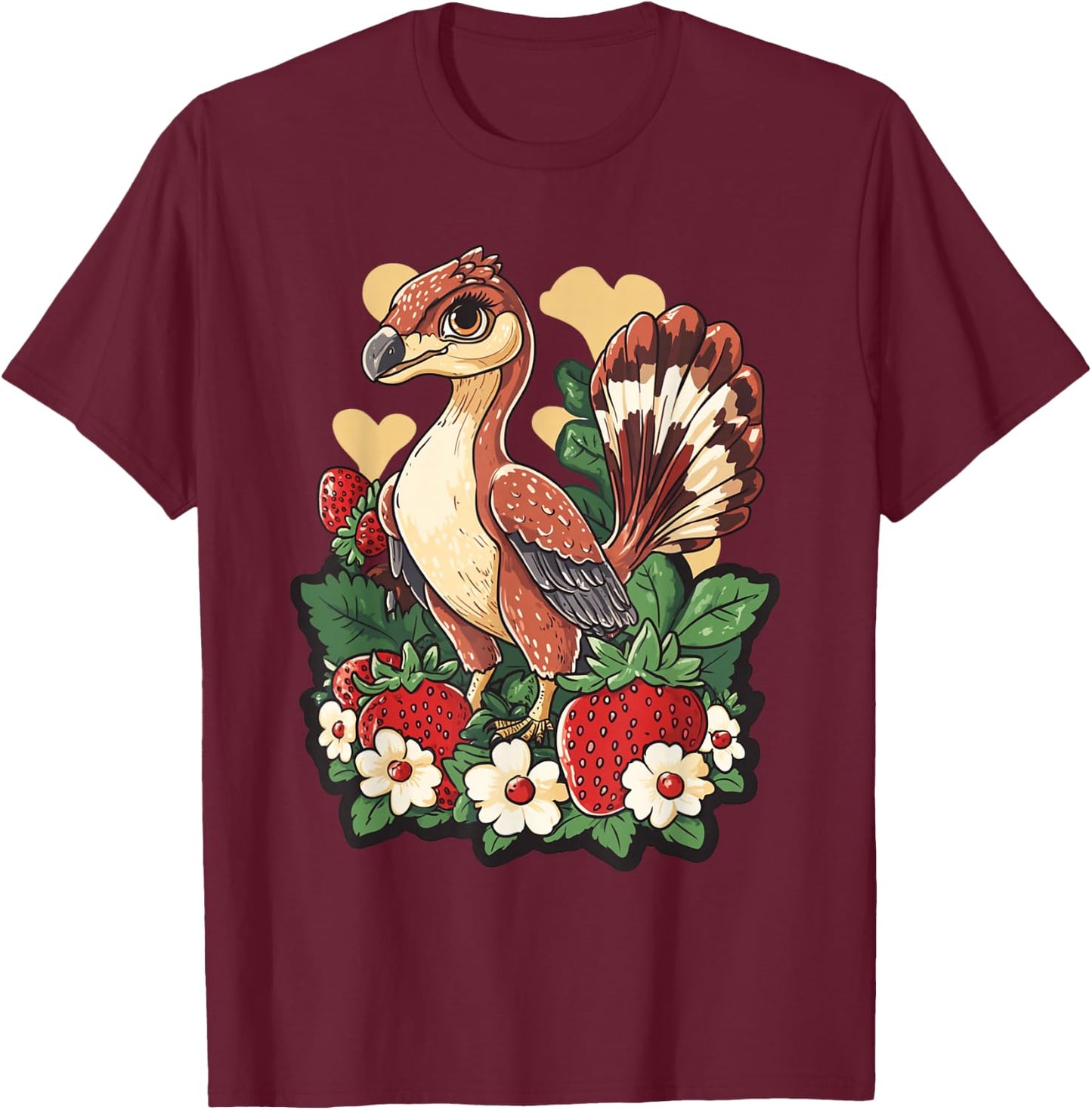Anchiornis Dinosaur with Strawberries Dino Lover T-Shirt - T-Shirt | Maroon