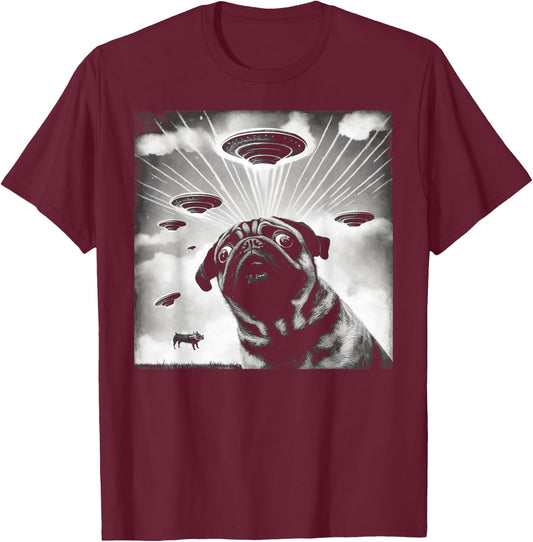 UFO Flying Alien UAPs Funny Pug Selfie Retro T-Shirt - T-Shirt | Maroon