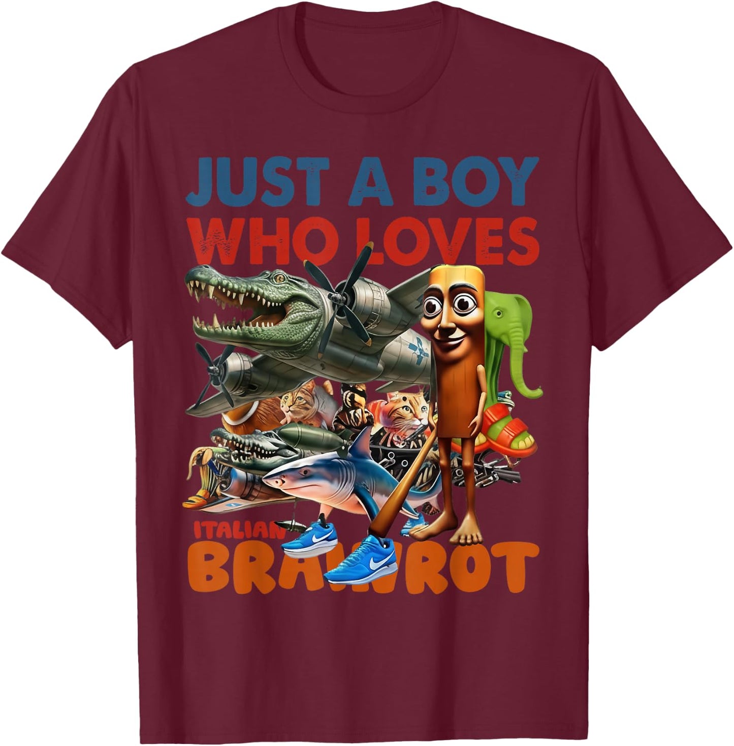 Just A Boy Who Loves Italian Brainrot Meme Boys Kids T-Shirt - T-Shirt | Maroon