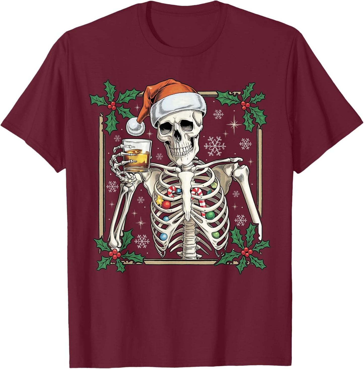 Funny Skeleton Santa Hat Drinking Bourbon Whiskey Christmas T-Shirt - T-Shirt | Maroon