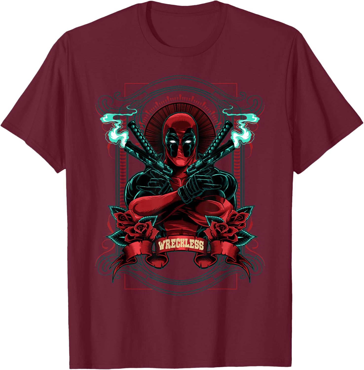 Marvel Deadpool Wreckless Portrait Small T-Shirt - T-Shirt | Maroon