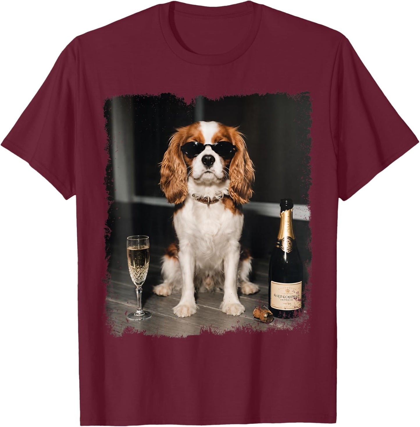 Funny Dog Meme Cavalier King Charles Drinking Champagne T-Shirt - T-Shirt | Maroon