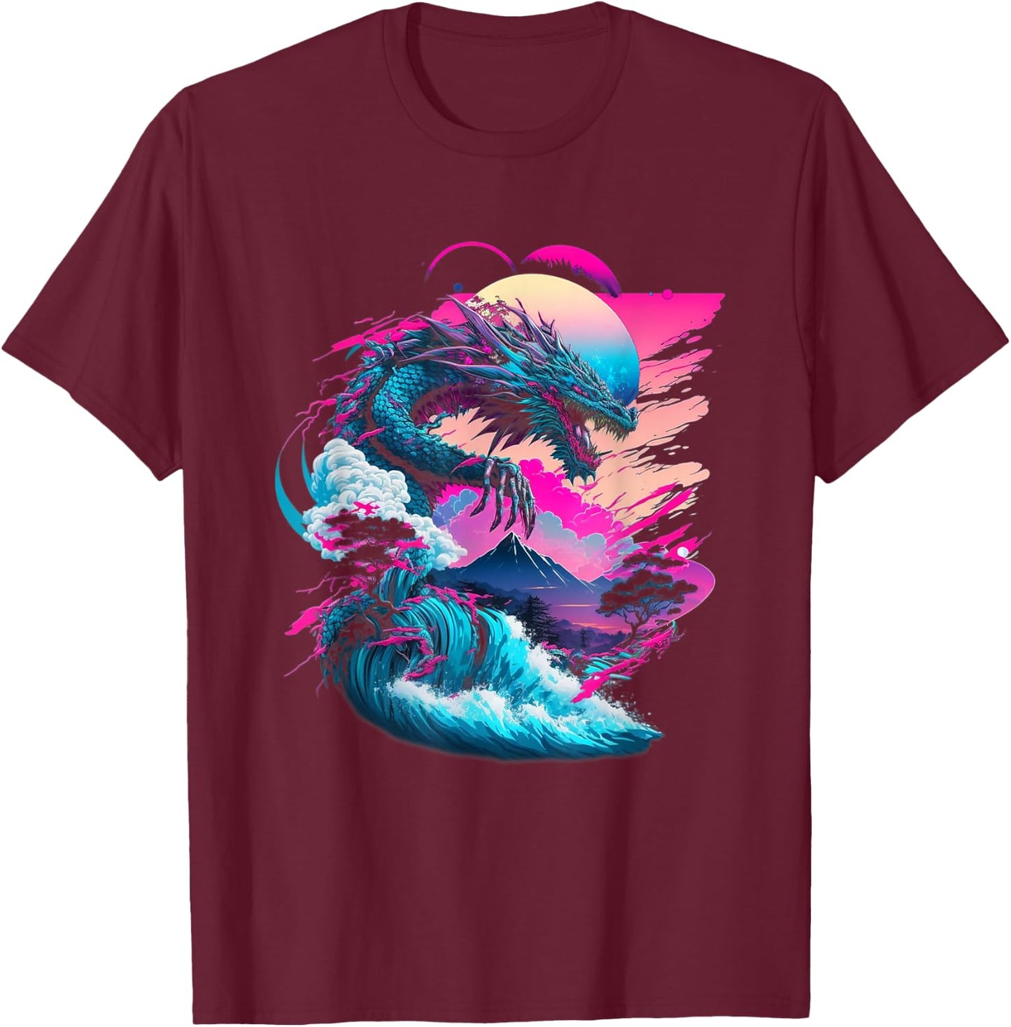 Dragon Vaporwave Abstract Landscape Moon Tree Waterfall T-Shirt - T-Shirt | Maroon