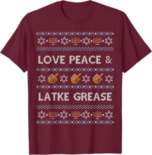 Funny Ugly Hanukkah Sweater Shirt, Love Peace Latke Grease T-Shirt - T-Shirt | Maroon