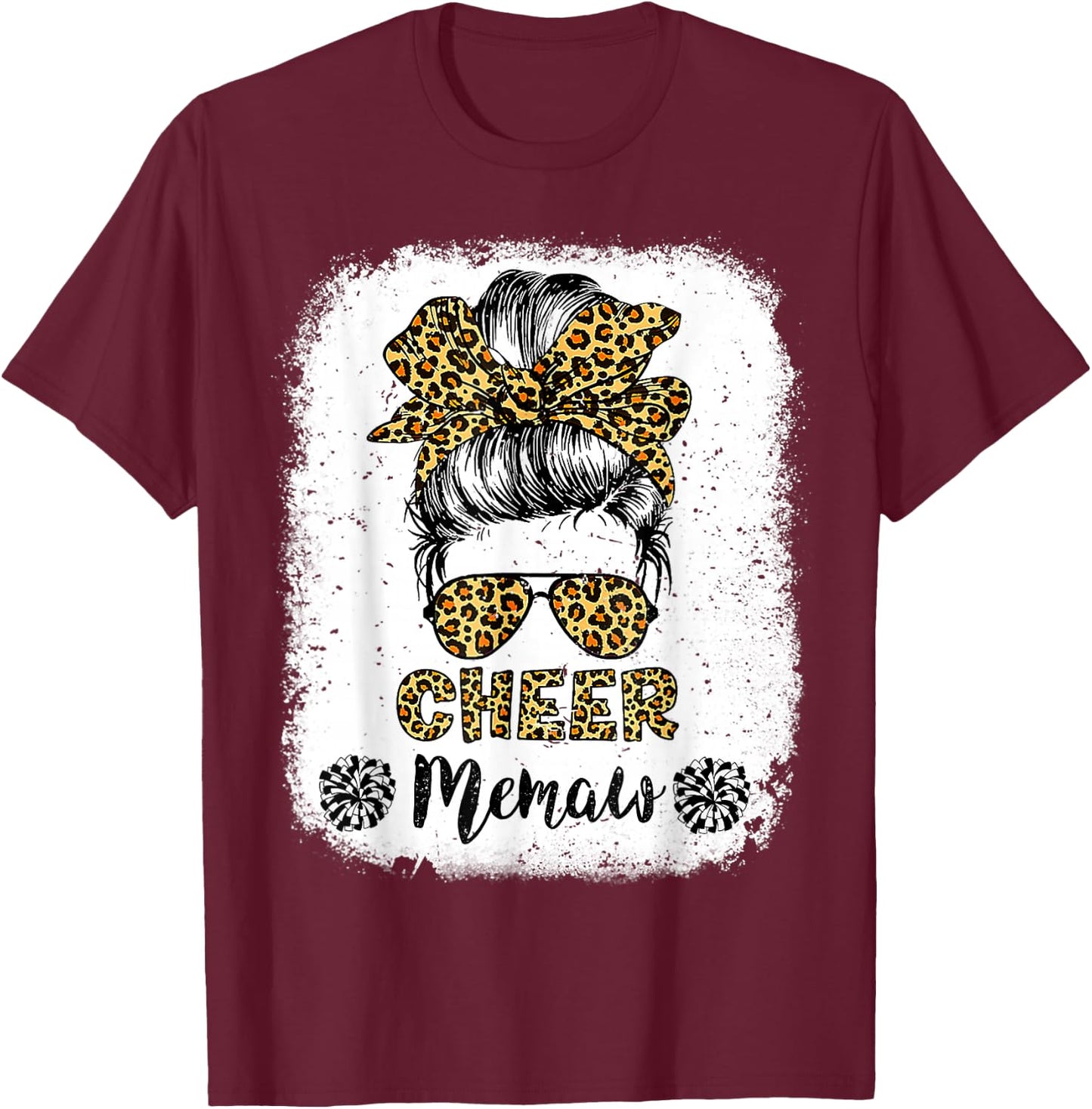 Cheer Memaw Leopard Messy Bun Cheerleader Bleached T-Shirt - T-Shirt | Maroon