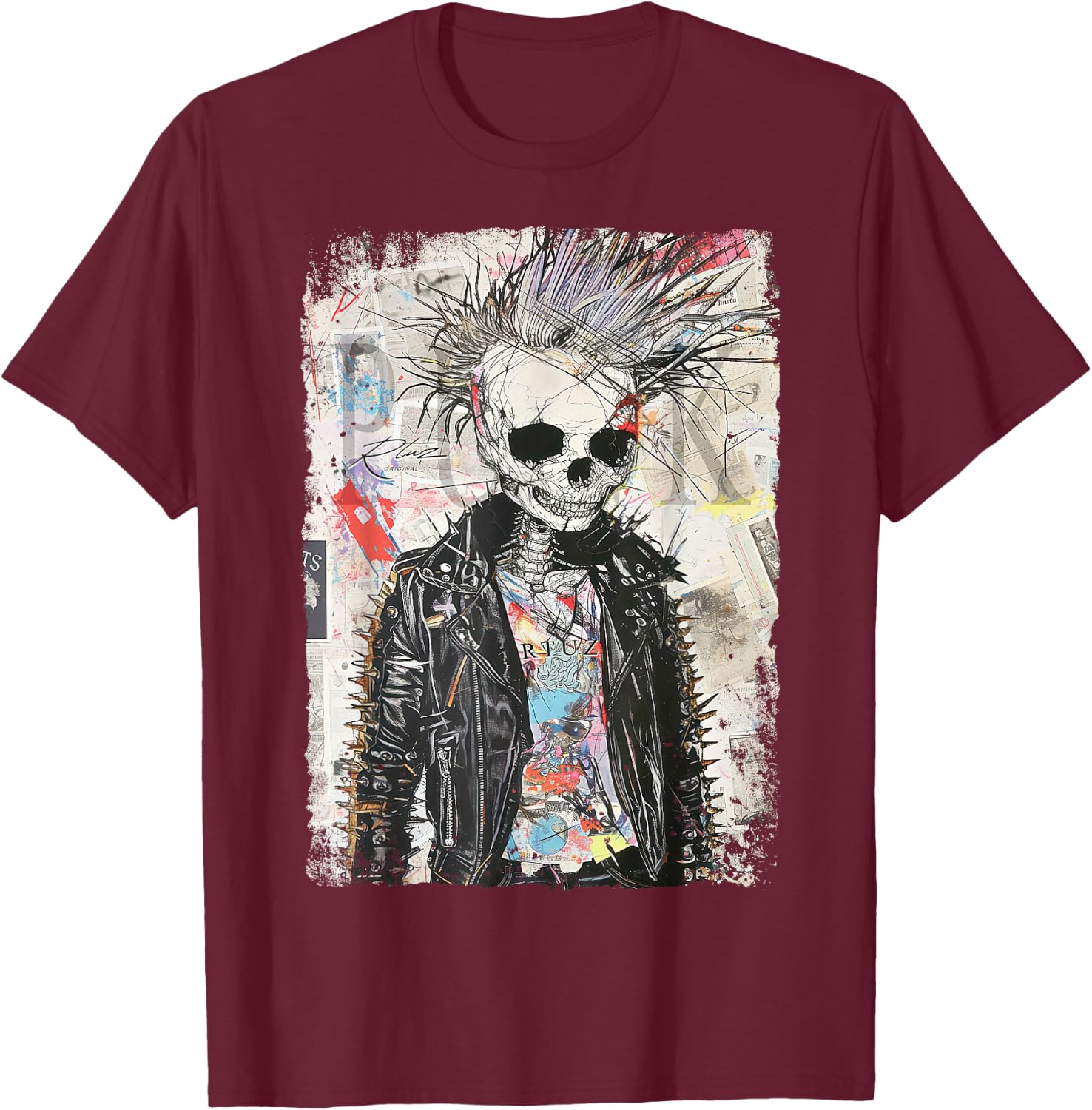 Biker Skull Graffiti Vintage Horror Punk Skull , Black, S T-Shirt - T-Shirt | Maroon