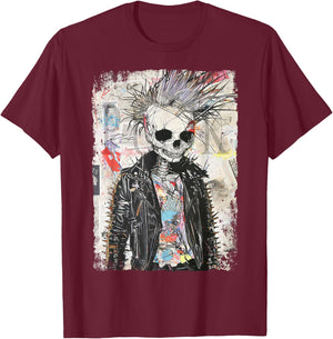 Biker Skull Graffiti Vintage Horror Punk Skull , Black, S T-Shirt - T-Shirt | Maroon