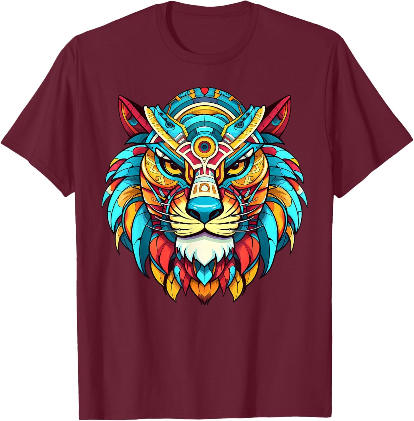 Aztec Jaguar Warrior Ocelotl Colourful Mayan Indigenous Art T-Shirt - T-Shirt | Maroon