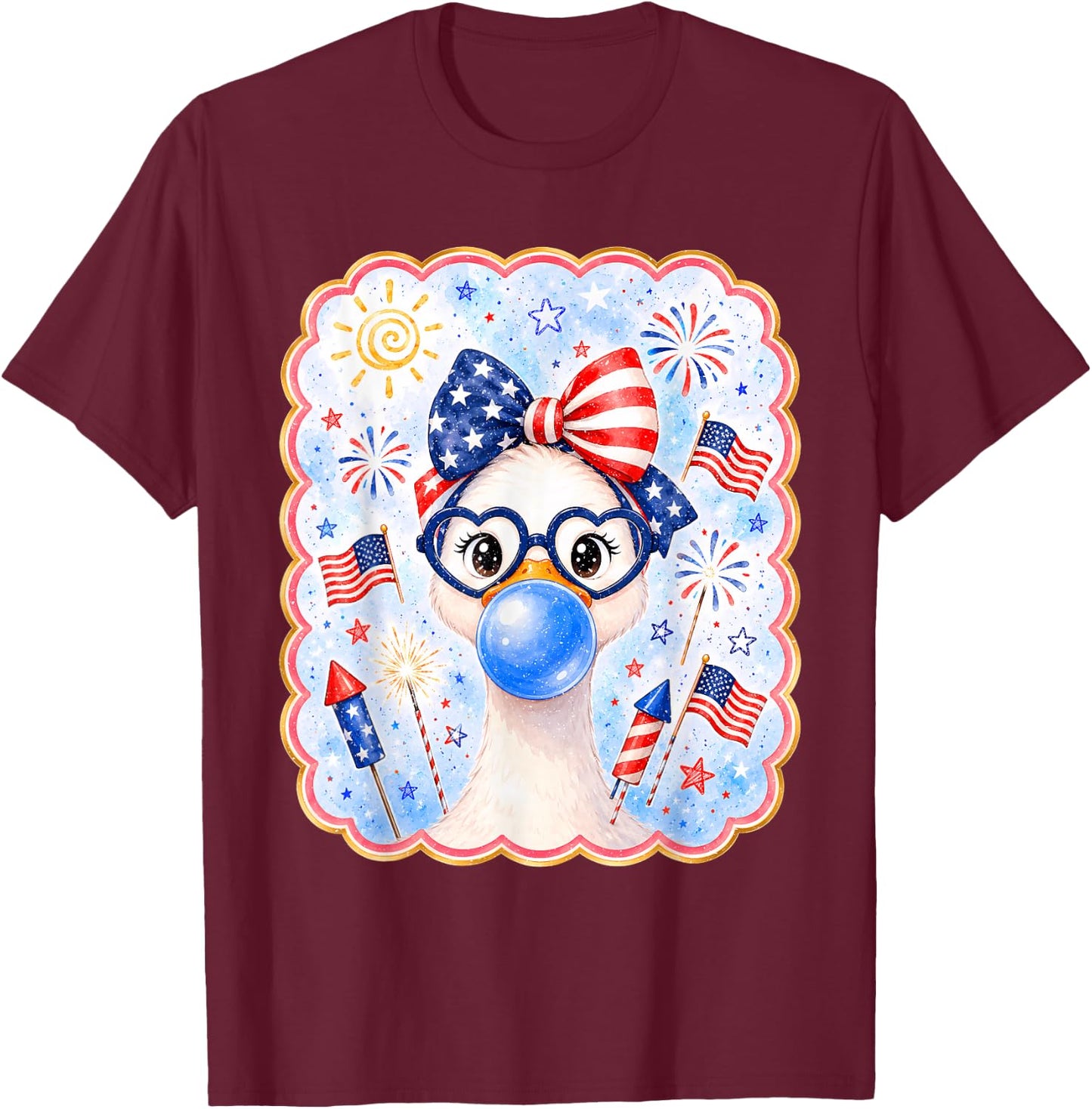 Cute Goose Bubble Gum Bow USA America Flag 4th of July Girl T-Shirt - T-Shirt | Maroon