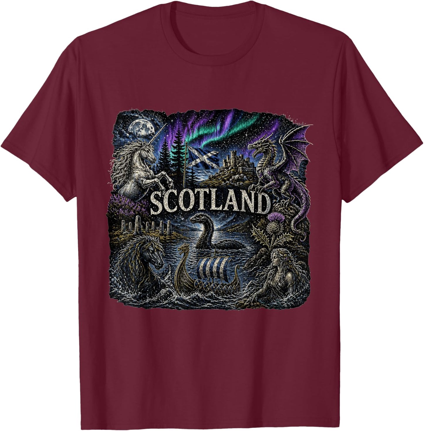 Scottish Folklore Mythic Viking Nessie Selkie Unicorn T-Shirt - T-Shirt | Maroon