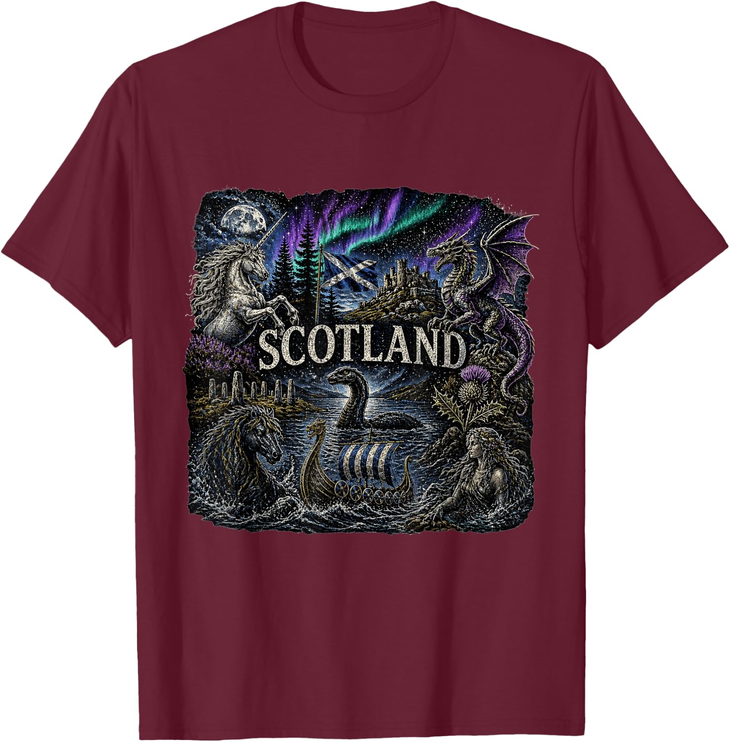 Scottish Folklore Mythic Viking Nessie Selkie Unicorn T-Shirt - T-Shirt | Maroon