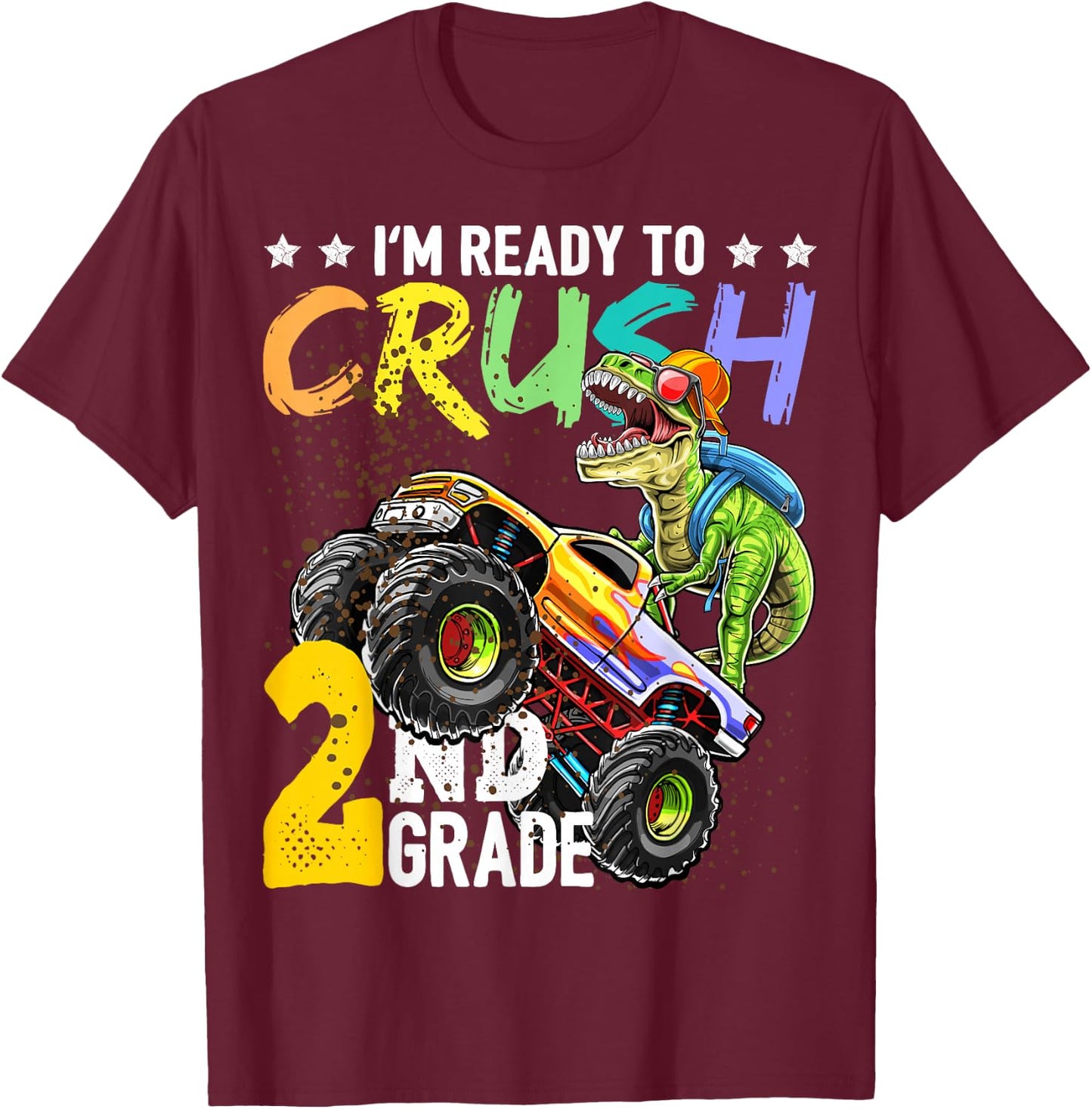 Crush 2nd Grade Dinosaur Monster Truck Back to School Boys T-Shirt - T-Shirt | Maroon