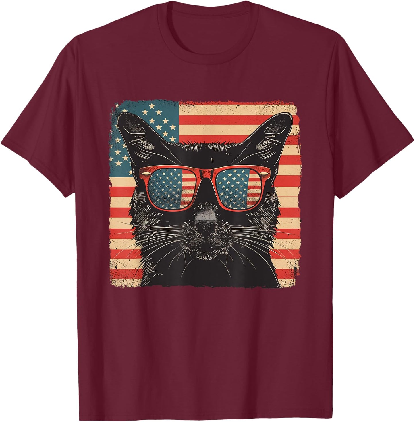 Black cat America Flag Fourth of July Lovers T-Shirt - T-Shirt | Maroon