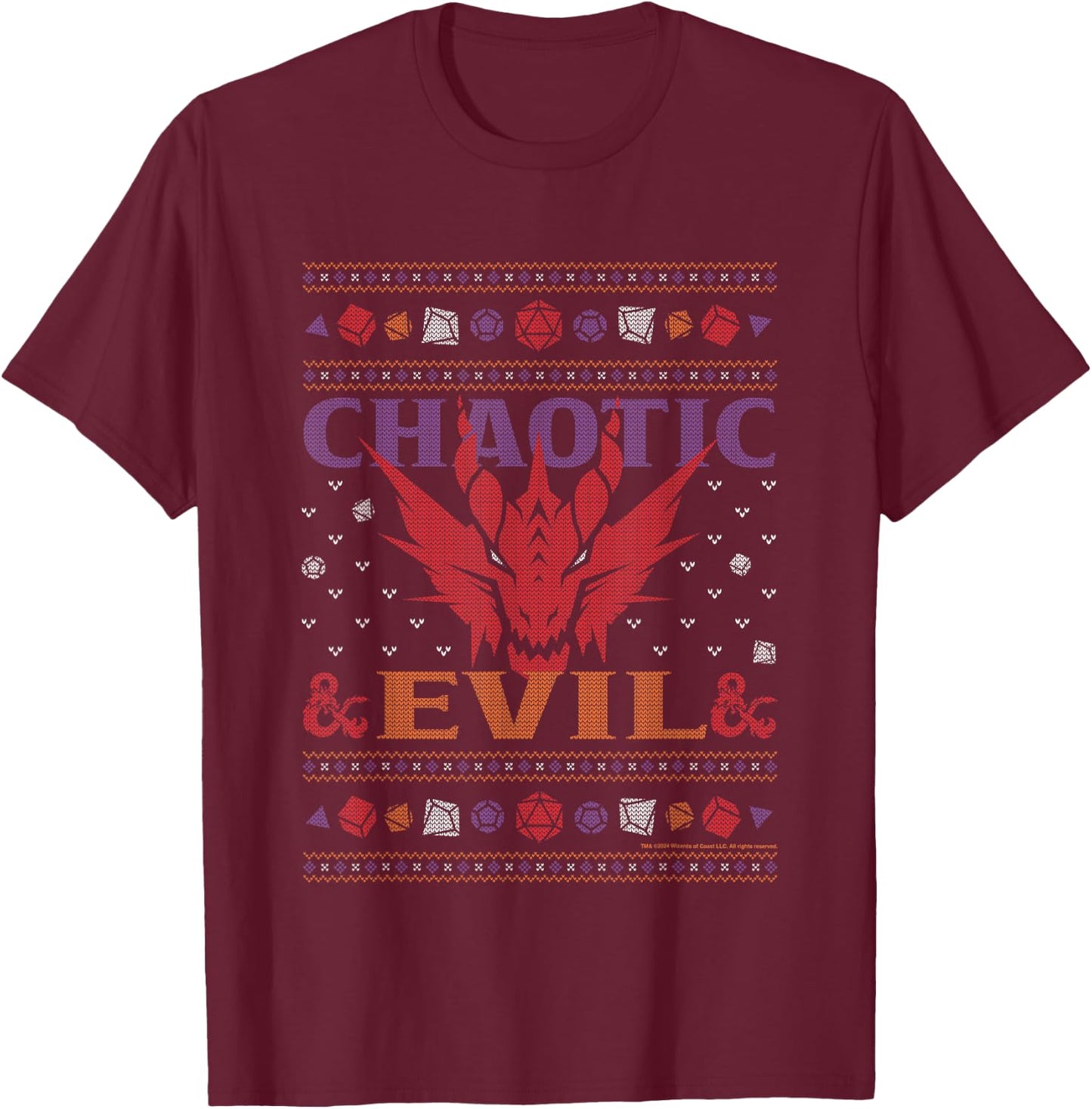 Dungeons & Dragons Chaotic Evil Christmas Knit Pattern T-Shirt - T-Shirt | Maroon