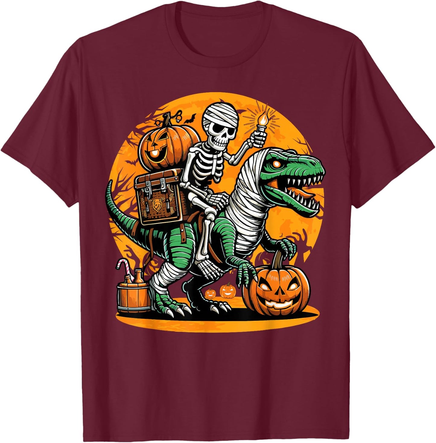Skeleton Riding Mummy Dinosaur Pumpkin Spooky Trex Halloween T-Shirt - T-Shirt | Maroon