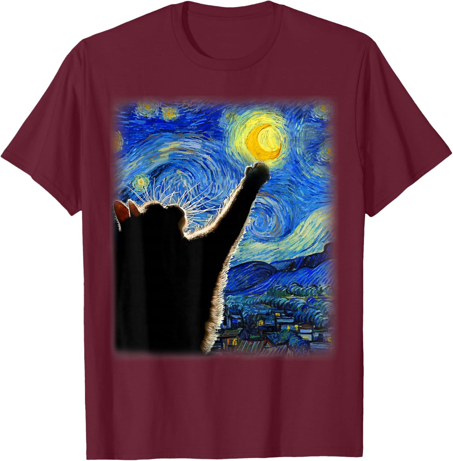 Starry Night Cat, Van Gogh Cat, Cat Lover, Cat Mom, Cat Dad , black T-Shirt - T-Shirt | Maroon