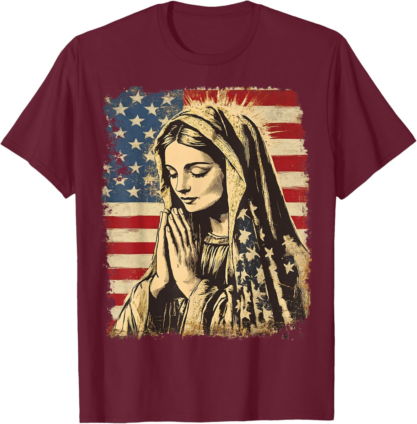 USA American US Flag The Virgin Mary Prayer Theology T-Shirt - T-Shirt | Maroon