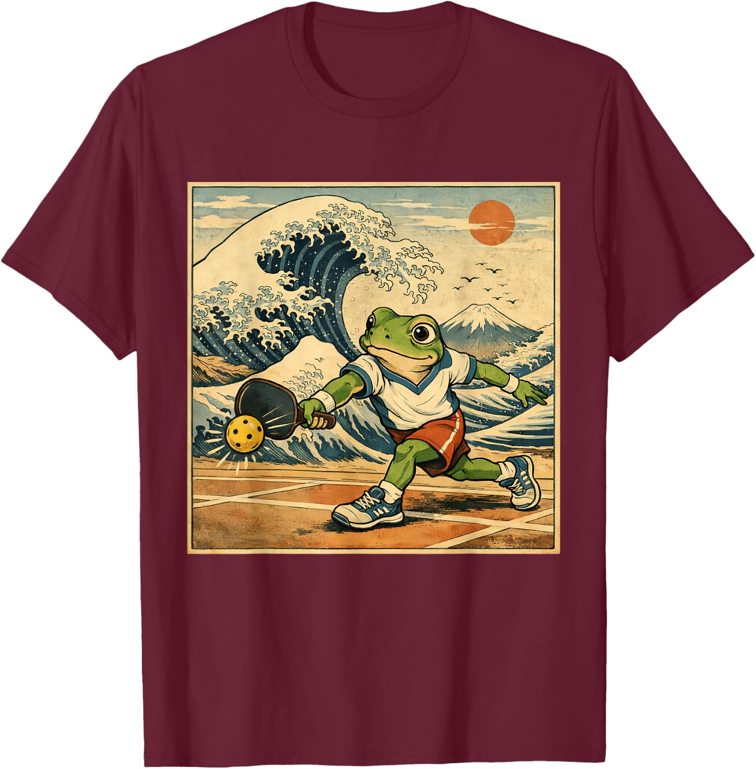 Japanese Traditional Retro Waves Mountain Pickleball Frog T-Shirt - T-Shirt | Maroon