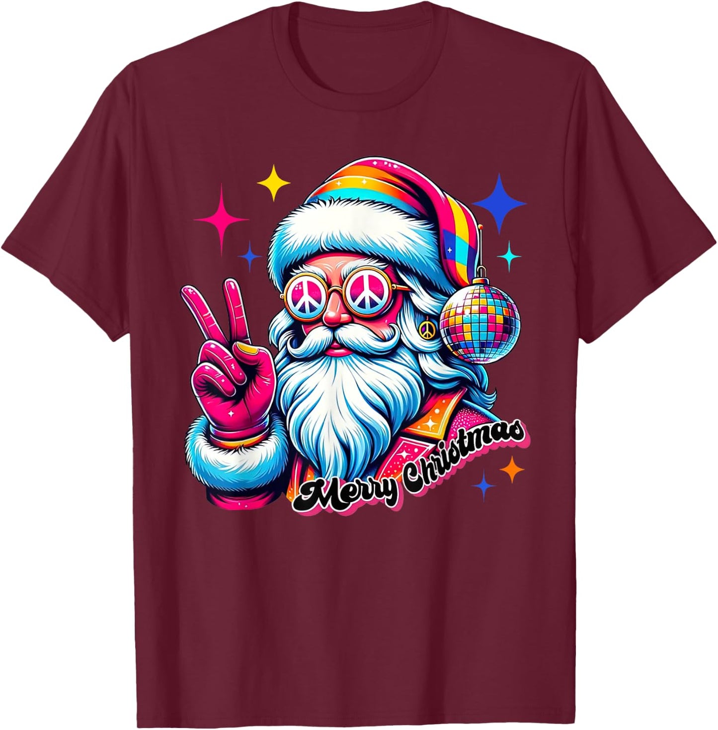 Colorful Santa Claus Peace Sign Hippie Christmas Holiday T-Shirt - T-Shirt | Maroon