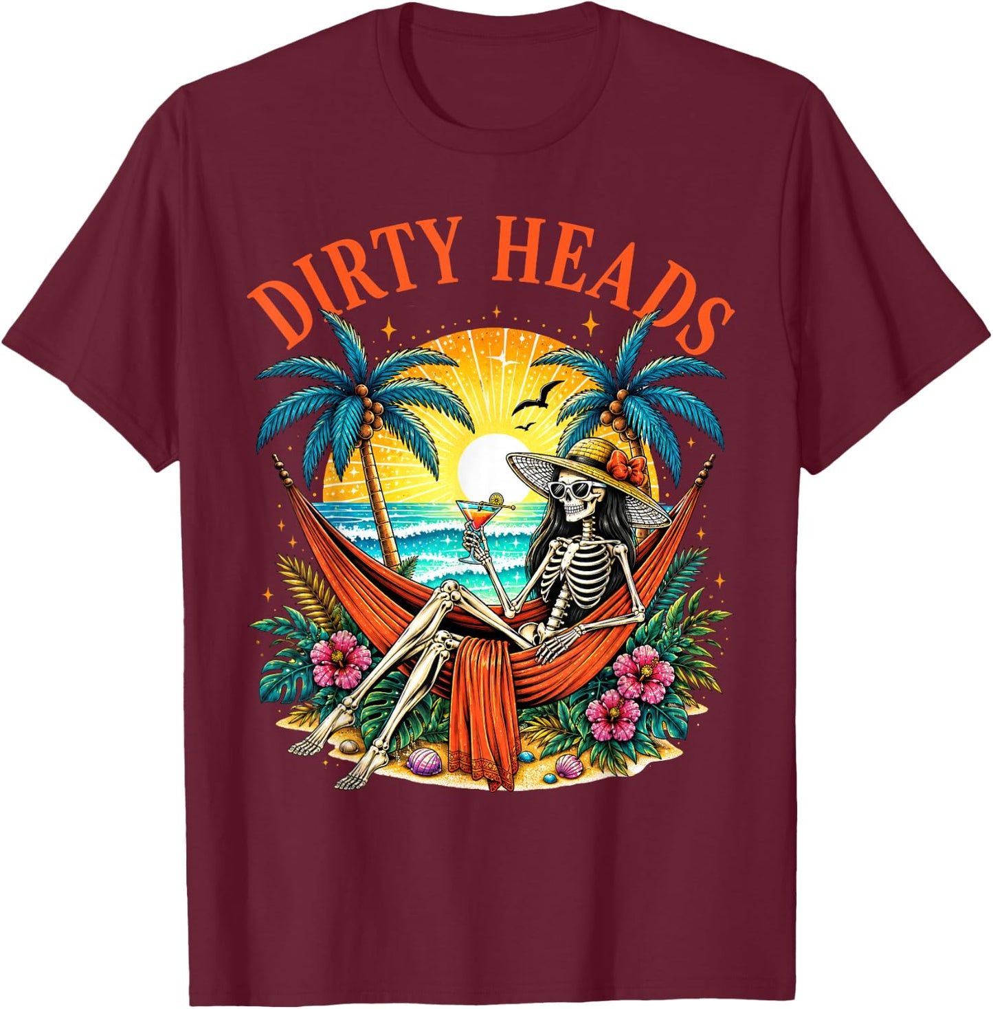 Dirty Heads Skeleton Women Beach Funny Summer Vacation T-Shirt - T-Shirt | Maroon