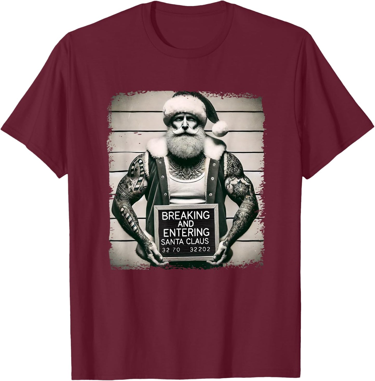 Tattoo Santa Mugshot Tattoos Christmas Santa Xmas T-Shirt - T-Shirt | Maroon