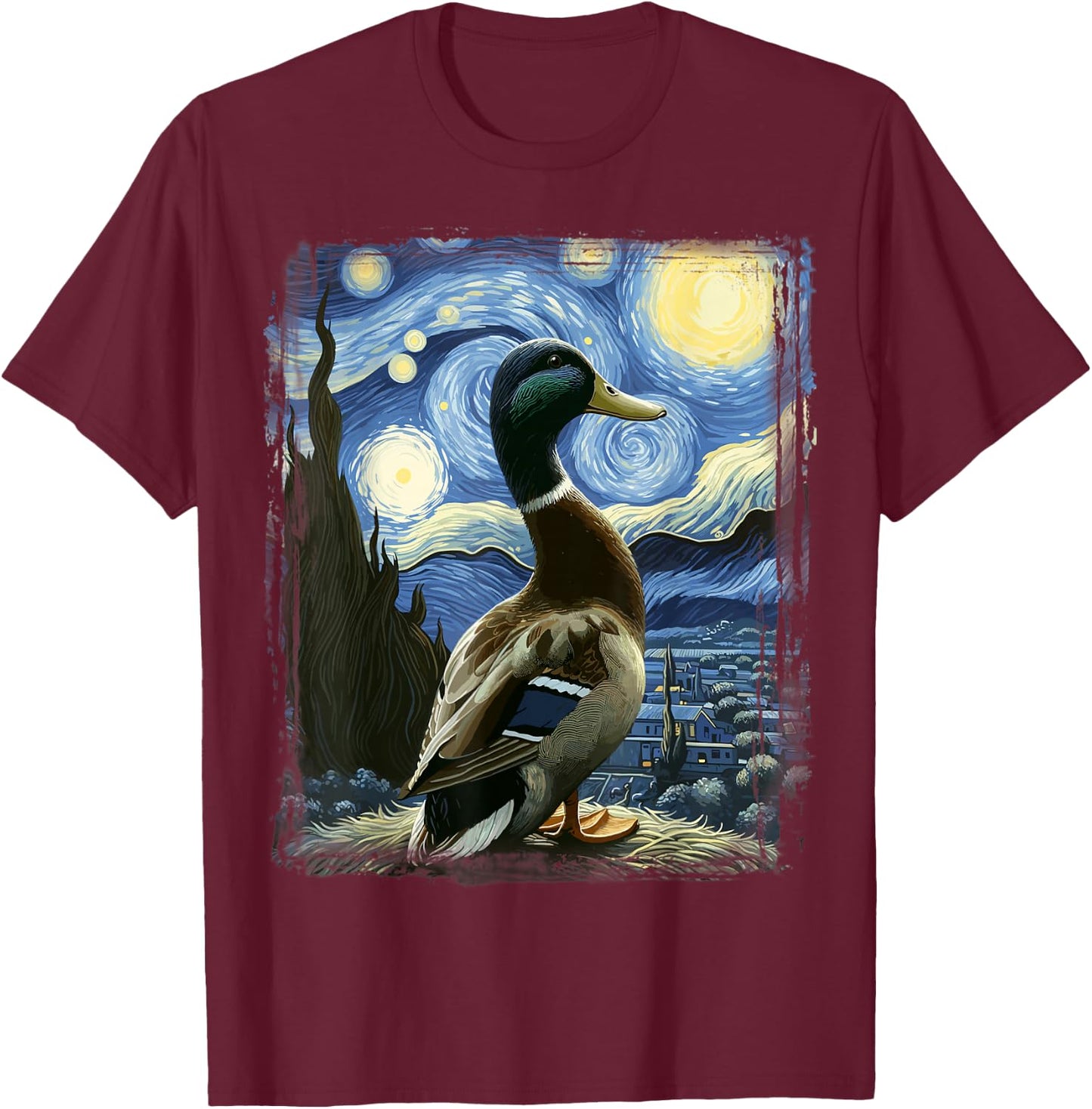 Duck Star Gazer - Artistic Van Gogh Style Starry Night Duck T-Shirt - T-Shirt | Maroon