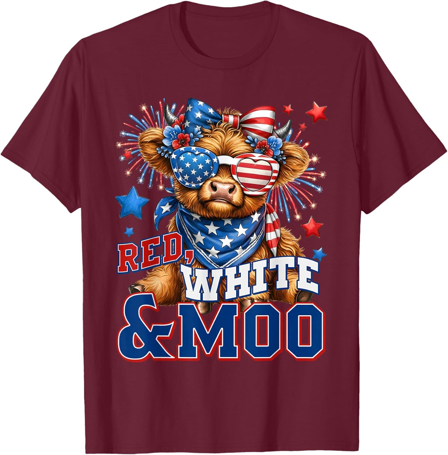 Red White and Moo Cute Highland Cow 4th of July Farmer T-Shirt - T-Shirt | Maroon