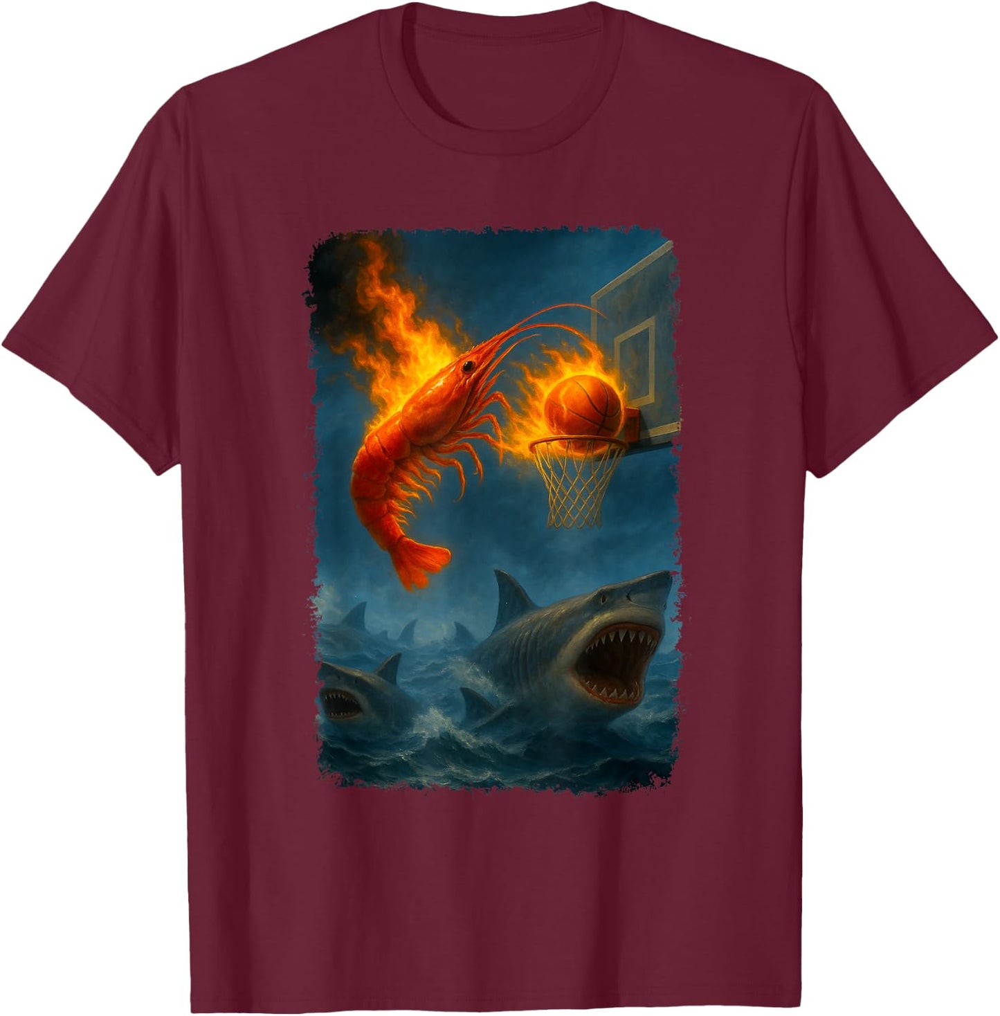 Funny Flaming Shrimp Slam Dunking Over Some Sharks Meme T-Shirt - T-Shirt | Maroon