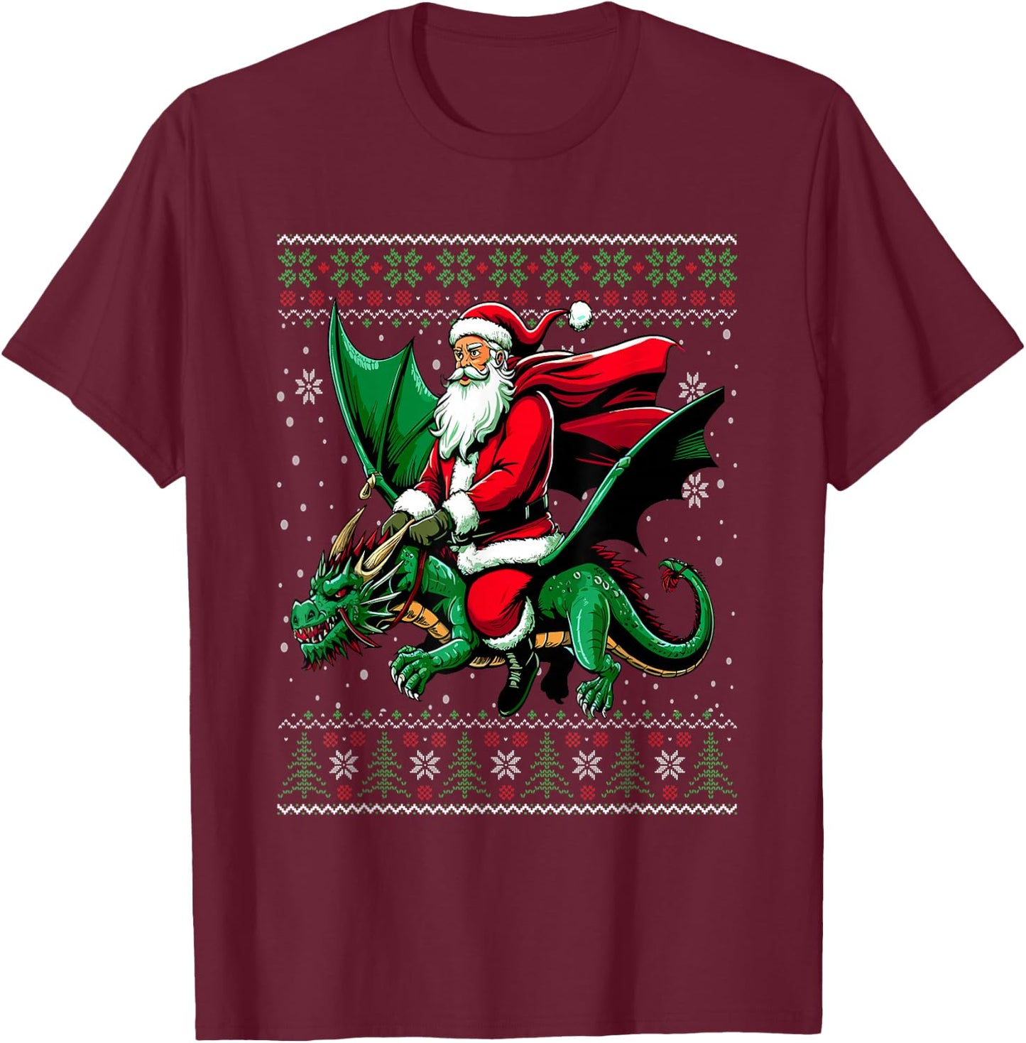 Christmas Santa Riding Dragon Ugly Christmas Sweater T-Shirt - T-Shirt | Maroon