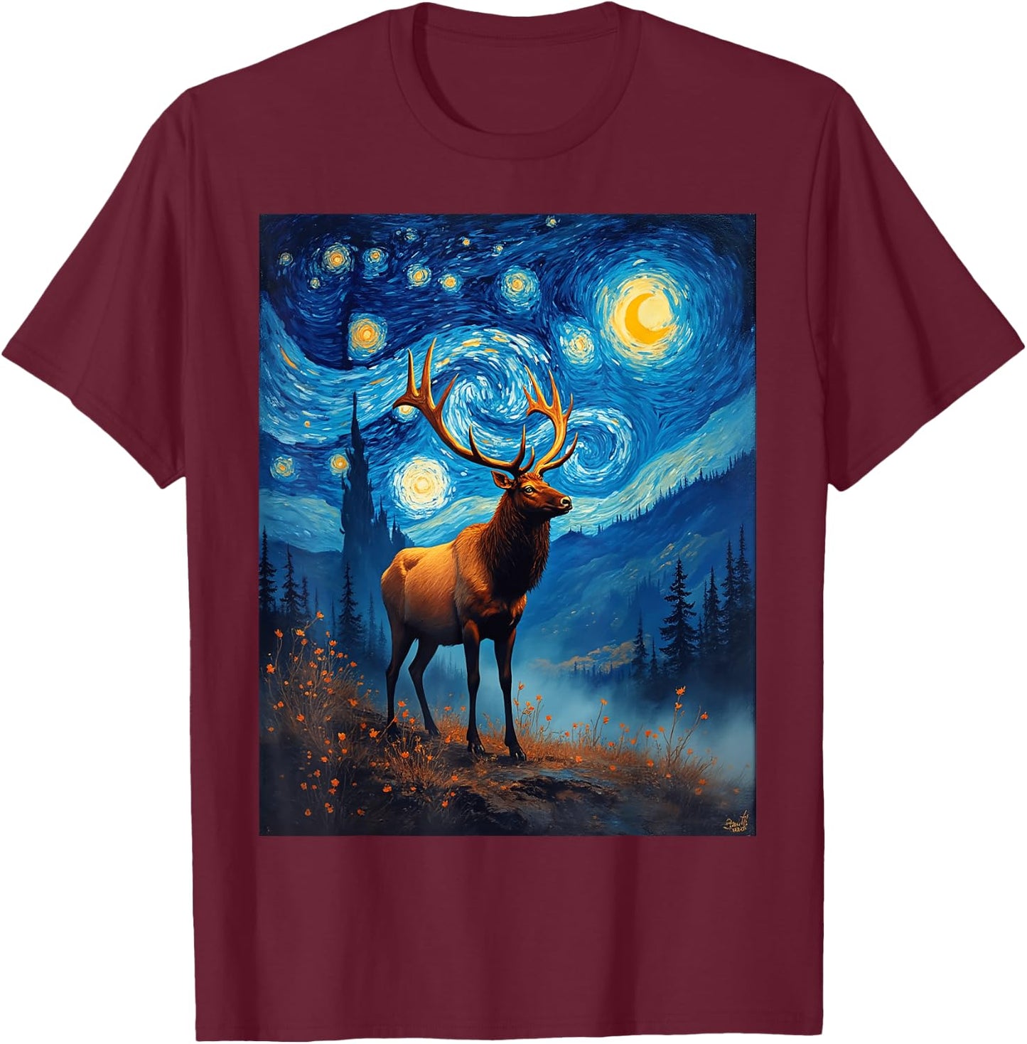 Van Gogh's Starry Night Elk Wapiti Animal Lovers T-Shirt - T-Shirt | Maroon