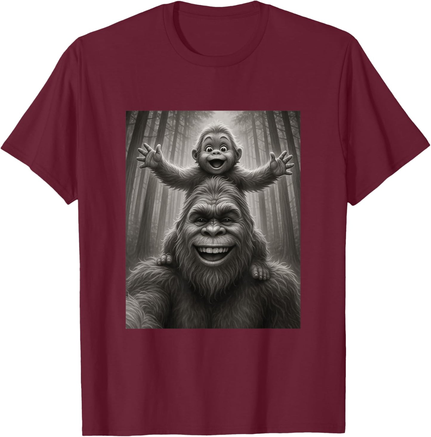 Funny Father Bigfoot Sasquatch and His Kid Happy Fathers Day T-Shirt - T-Shirt | Maroon