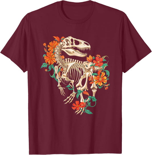 Rex Skeleton Dinosaur Flowers Dino Skeleton Nature T-Shirt - T-Shirt | Maroon
