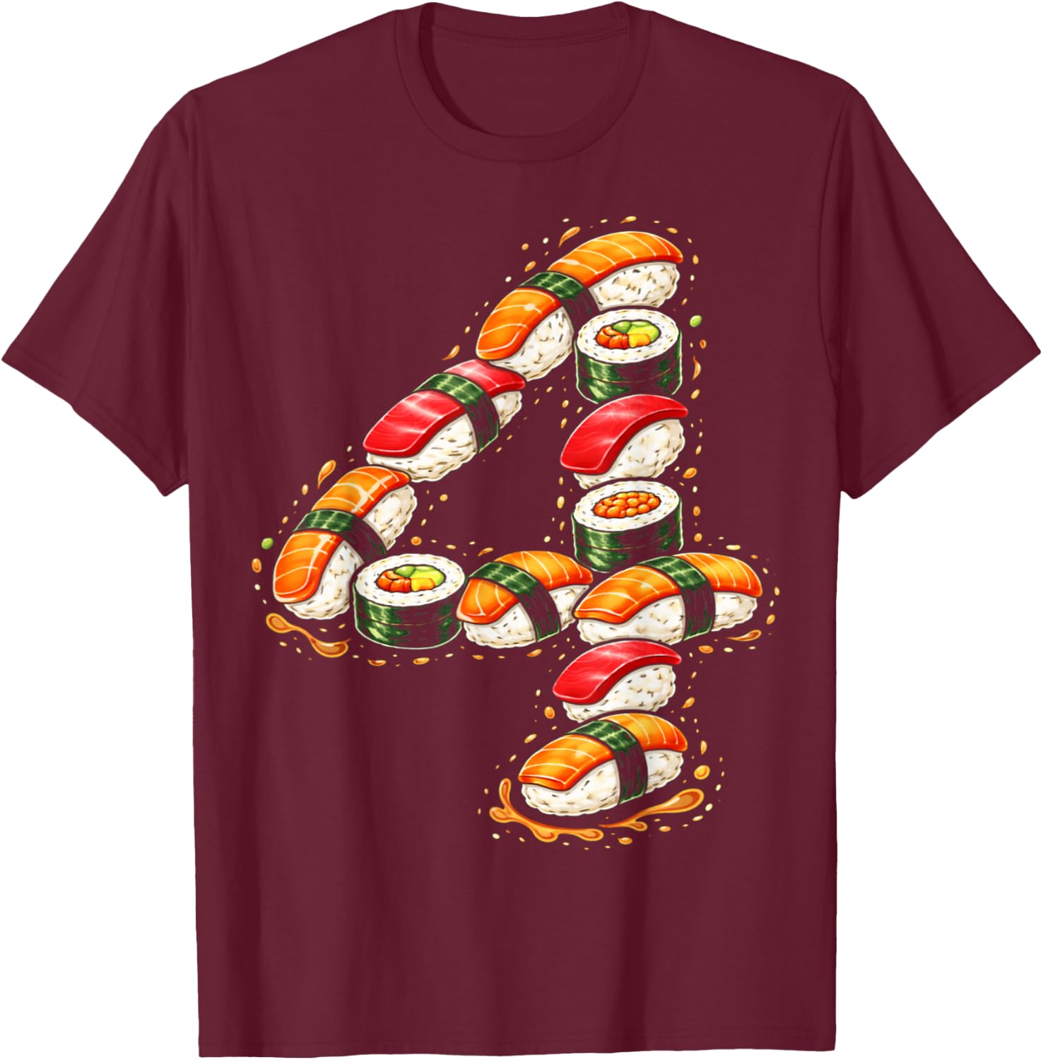 Four 4yr 4th Birthday Sushi Kawaii Cuisine 4 Year Old Girls T-Shirt - T-Shirt | Maroon