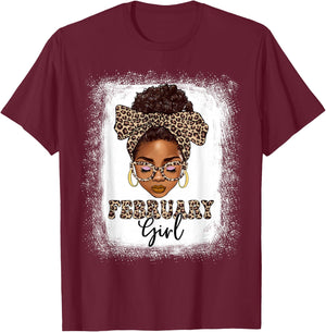 February Girls Afro Messy Bun Bleached Black Women Birthday T-Shirt - T-Shirt | Maroon