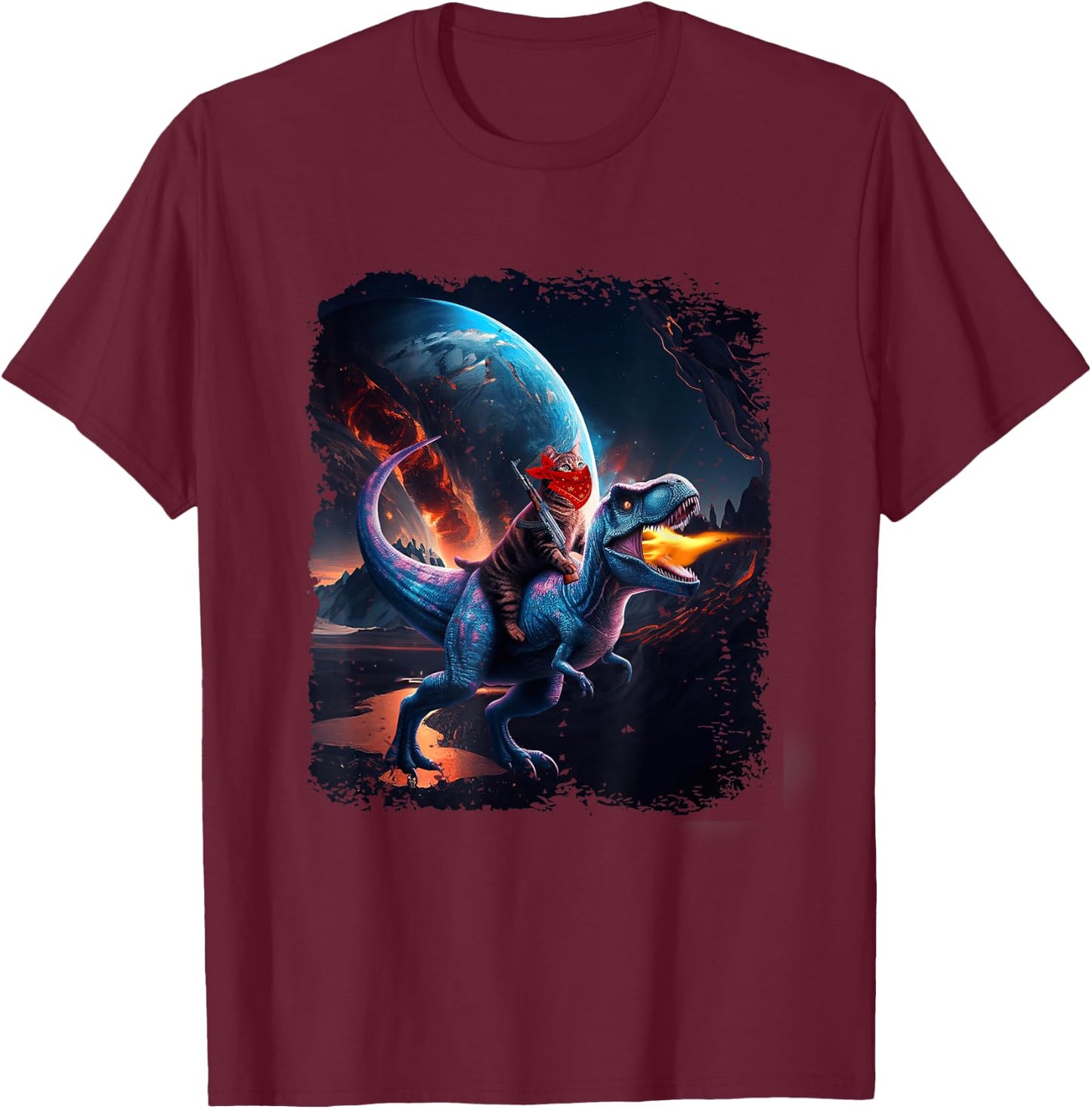 Chat chevauchant un dinosaure T-Rex Image Like Galaxy Cat Sci-Fi T-Shirt - T-Shirt | Maroon