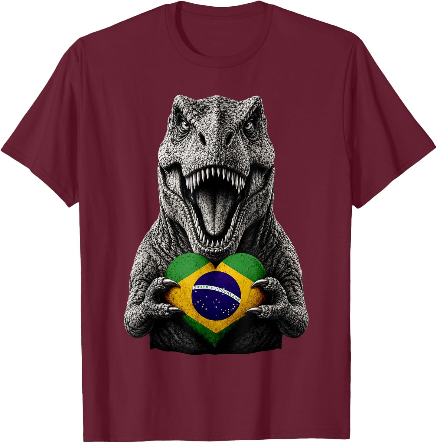 Brazilian Flag Heart Pride Dinosaur Heritage T-Rex Brazil T-Shirt - T-Shirt | Maroon