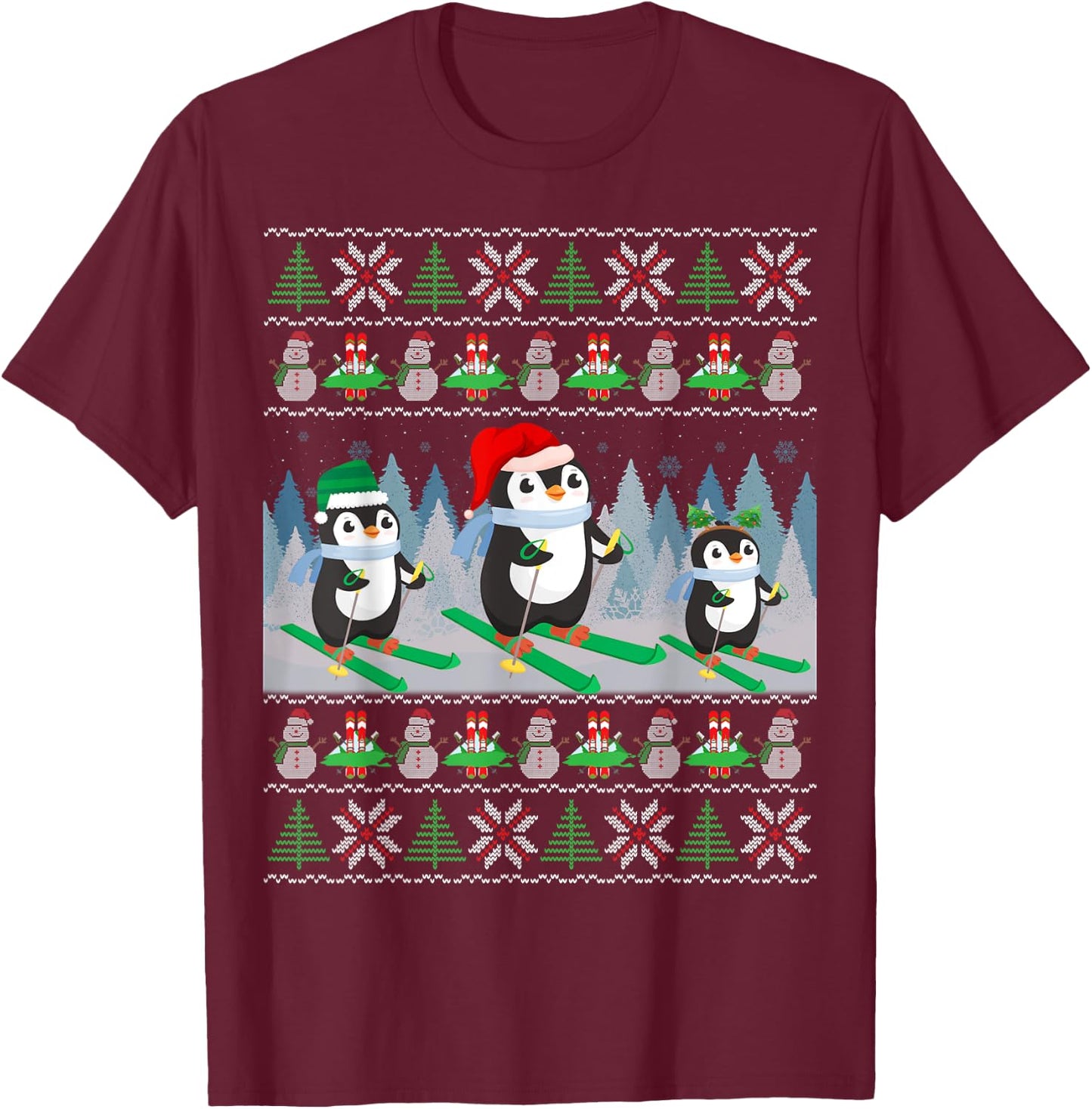 Penguin Skiing Ugly Christmas Sweater Sports Penguin Santa T-Shirt - T-Shirt | Maroon