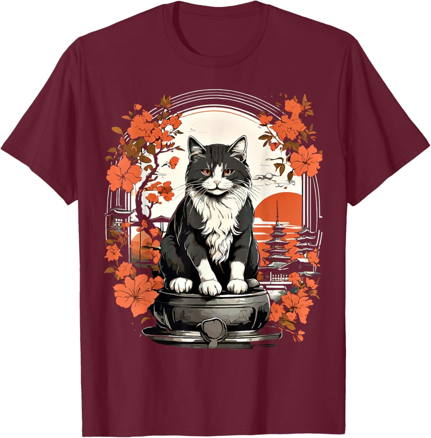 Japanische Katze, ästhetisch, Herren, Damen, Kinder, japanischer Stil T-Shirt - T-Shirt | Maroon