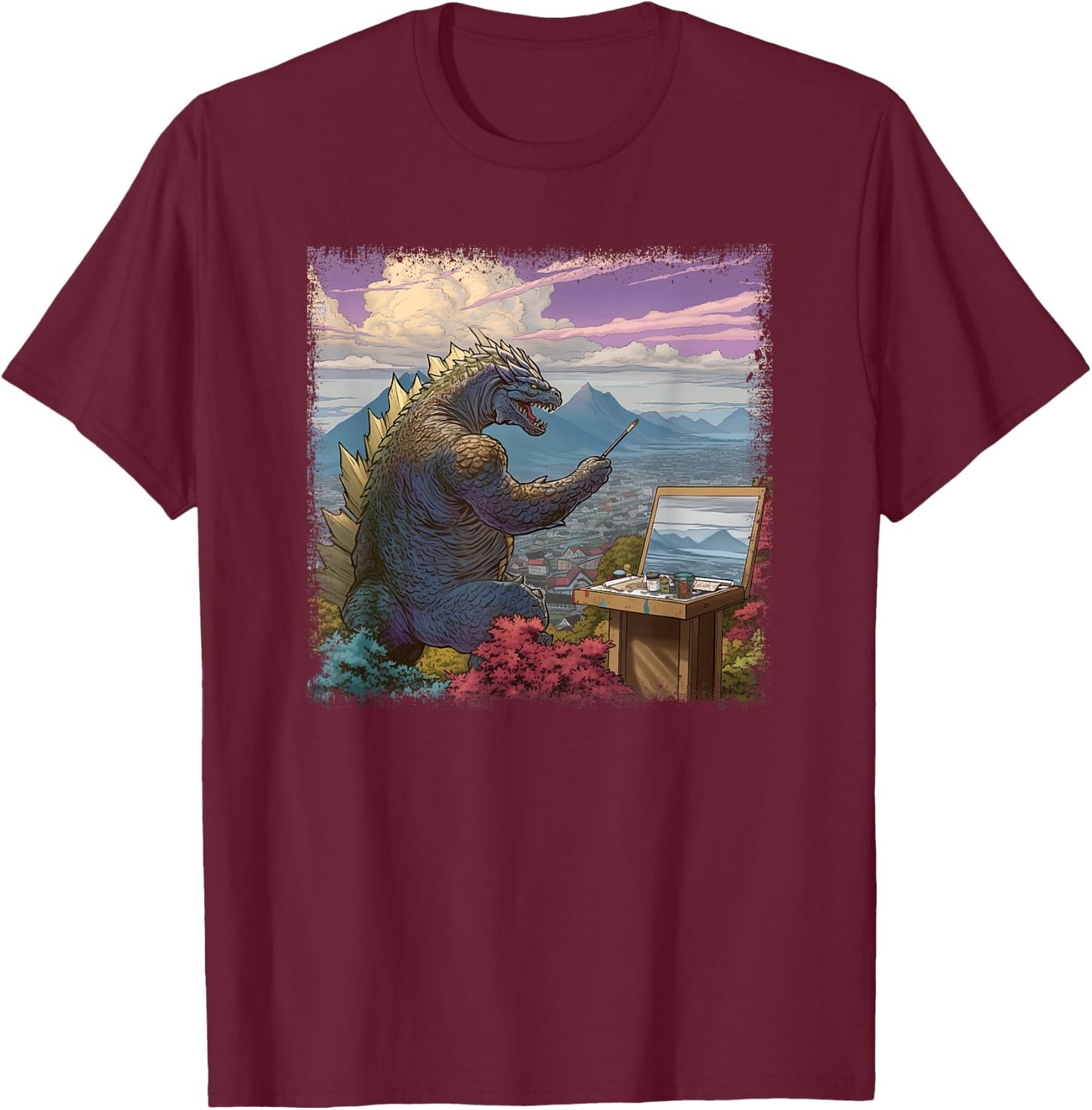 Kaiju Painting a Landscape Funny Monster Artist Art T-Shirt - T-Shirt | Maroon
