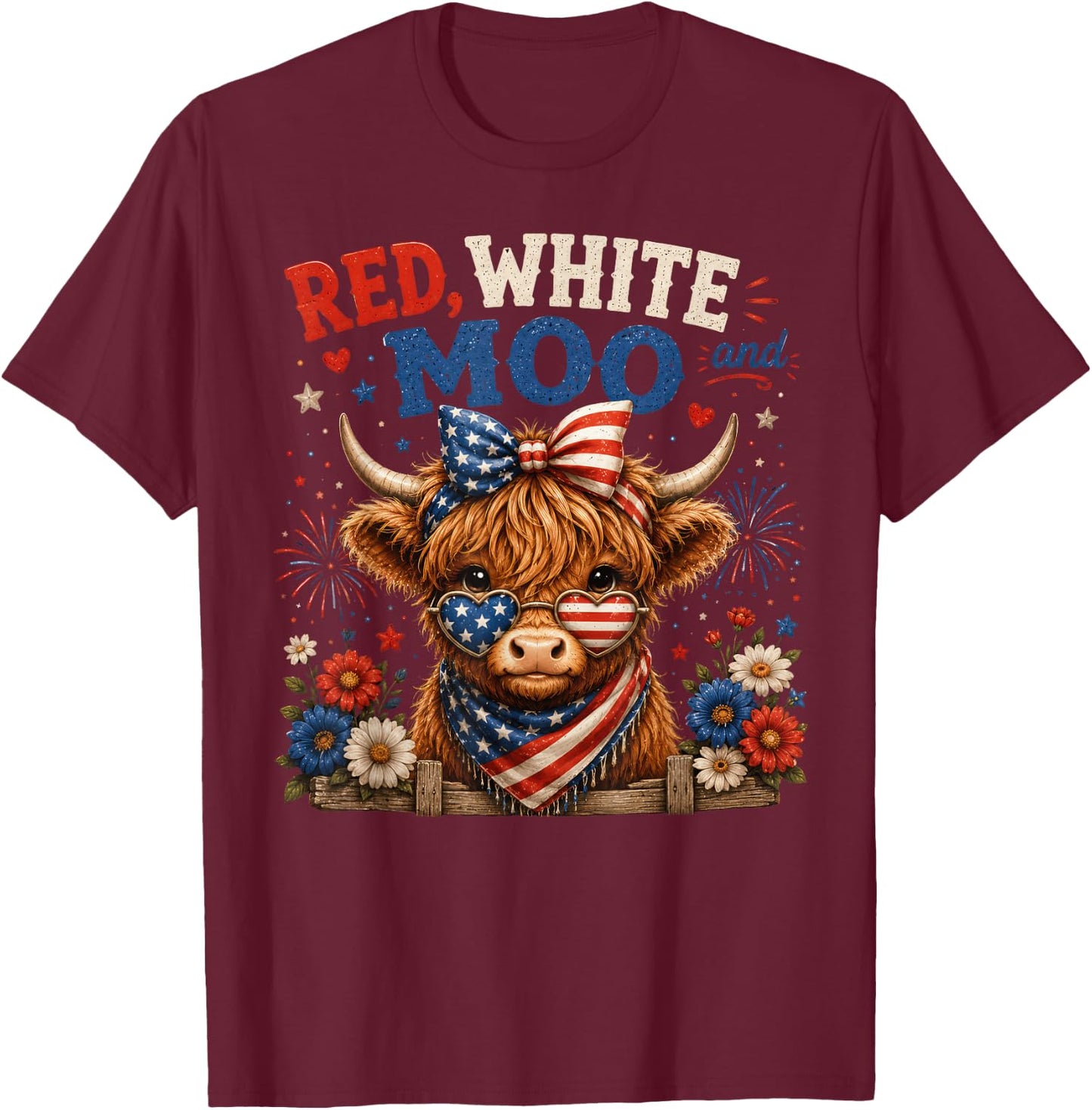 Red White and Moo Cow 4th of July 250 Years Patriotic T-Shirt - T-Shirt | Maroon