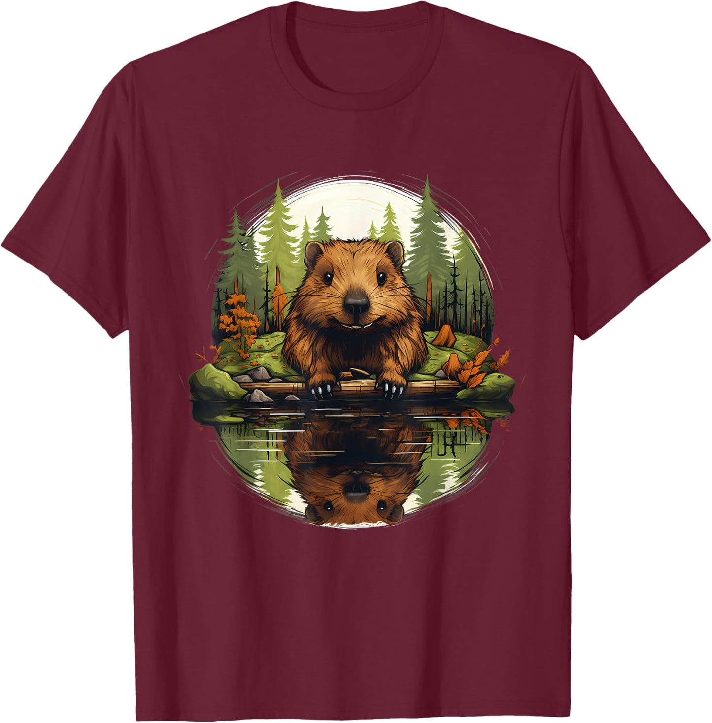 Beaver Nature Animal Lover Artwork Forest Motif Wildlife T-Shirt - T-Shirt | Maroon