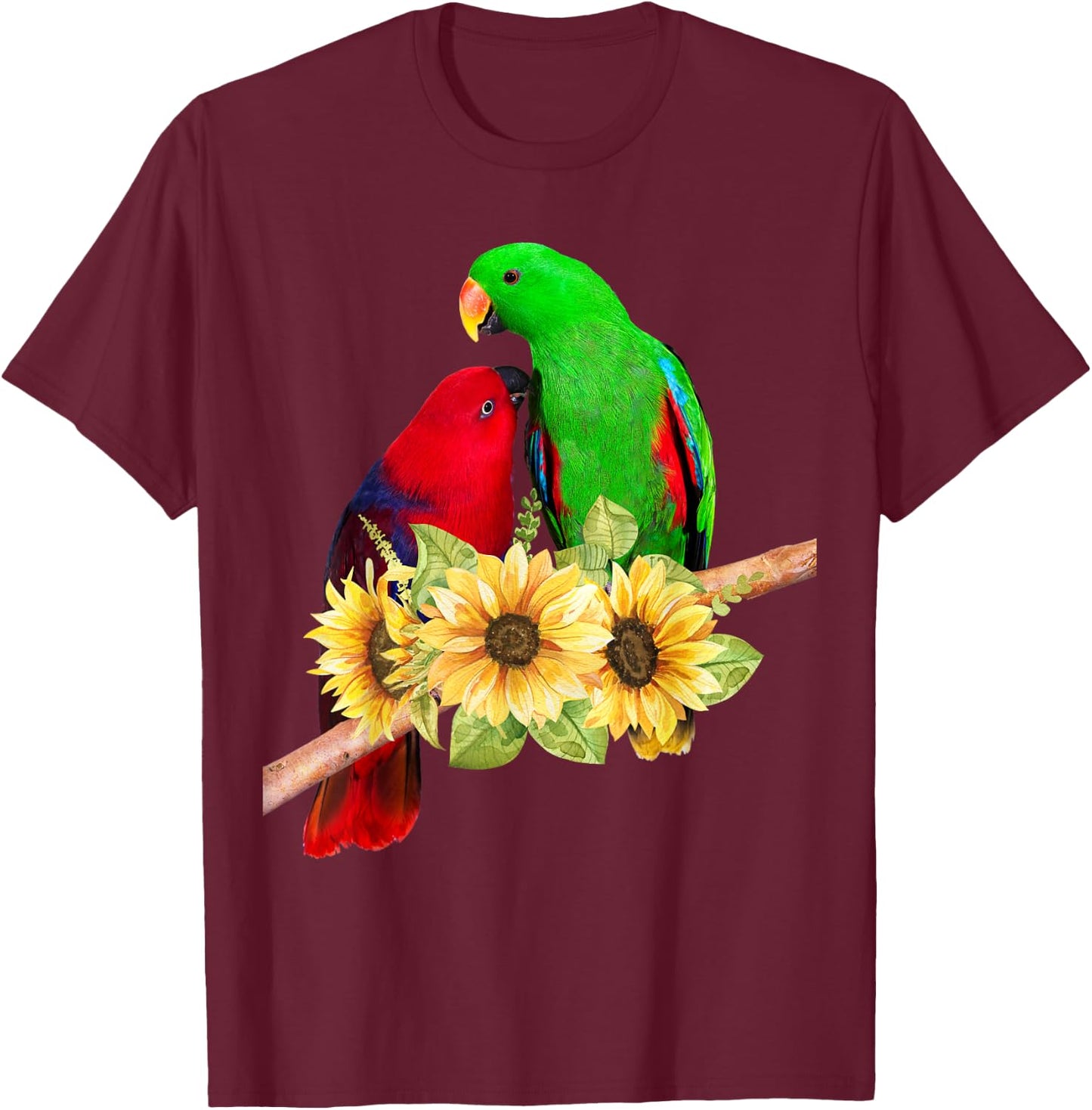 Pair of Eclectus Parrots Male Female behind sunflowers T-Shirt - T-Shirt | Maroon
