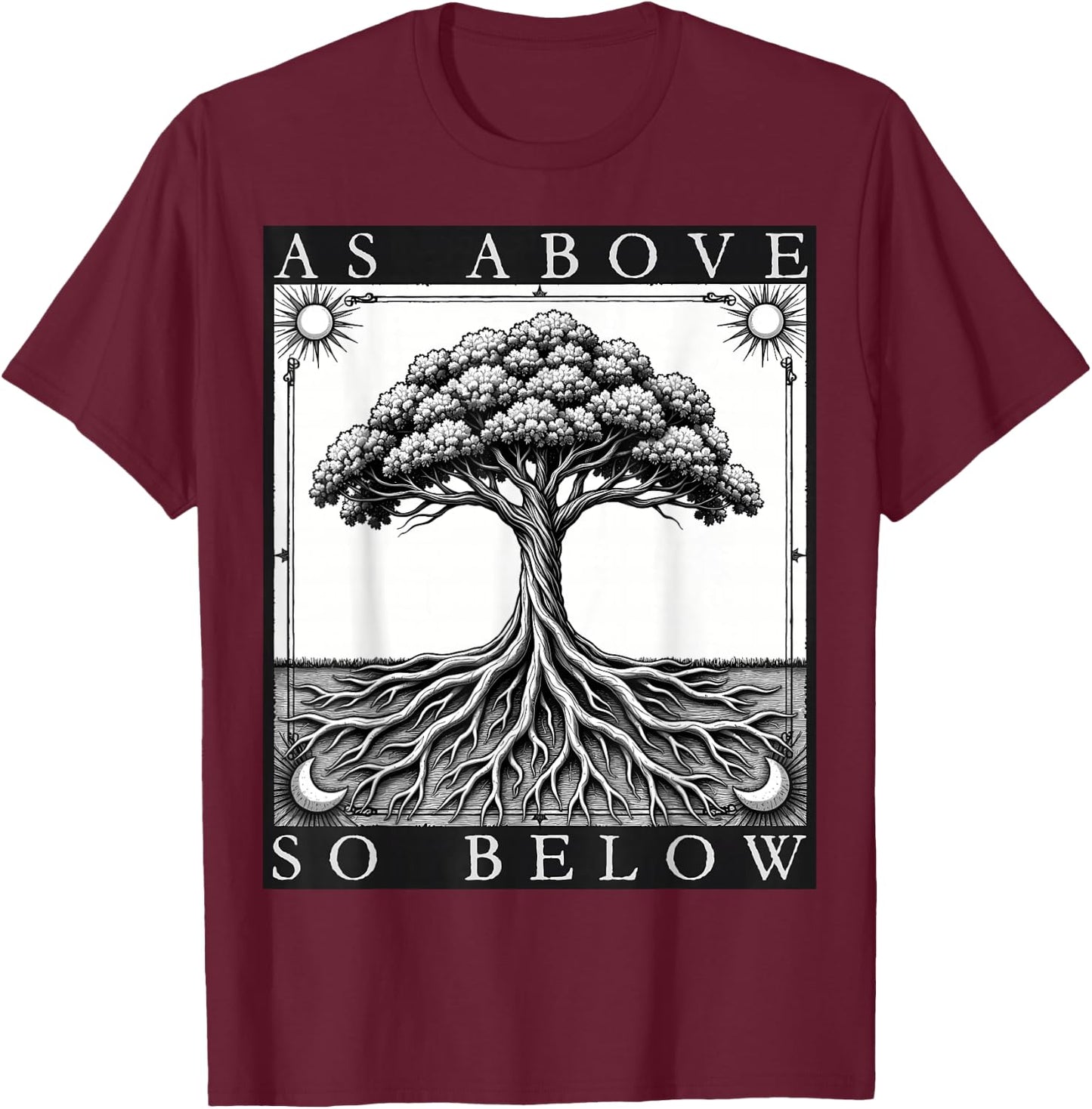 Wie oben, so unten, Baum des Lebens, Sonne, Mond, mystisches Gothic-Tarot T-Shirt - T-Shirt | Maroon