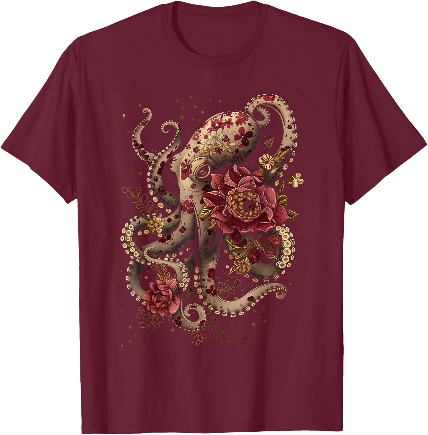 Octopus Floral Vintage Flowers Squid Kraken Scuba Diving T-Shirt - T-Shirt | Maroon