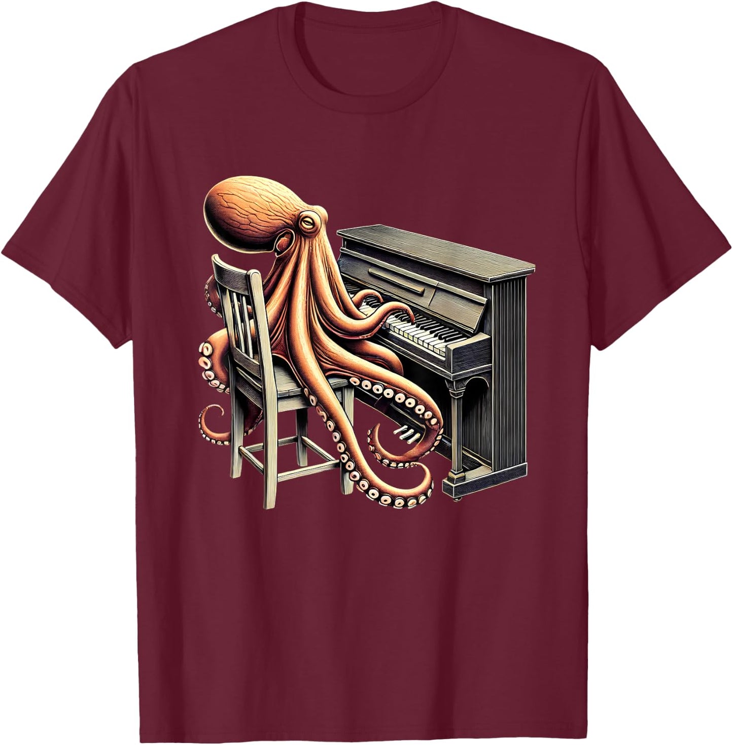 Vintage Octopus Playing Piano Pianist Piano Player T-Shirt - T-Shirt | Maroon