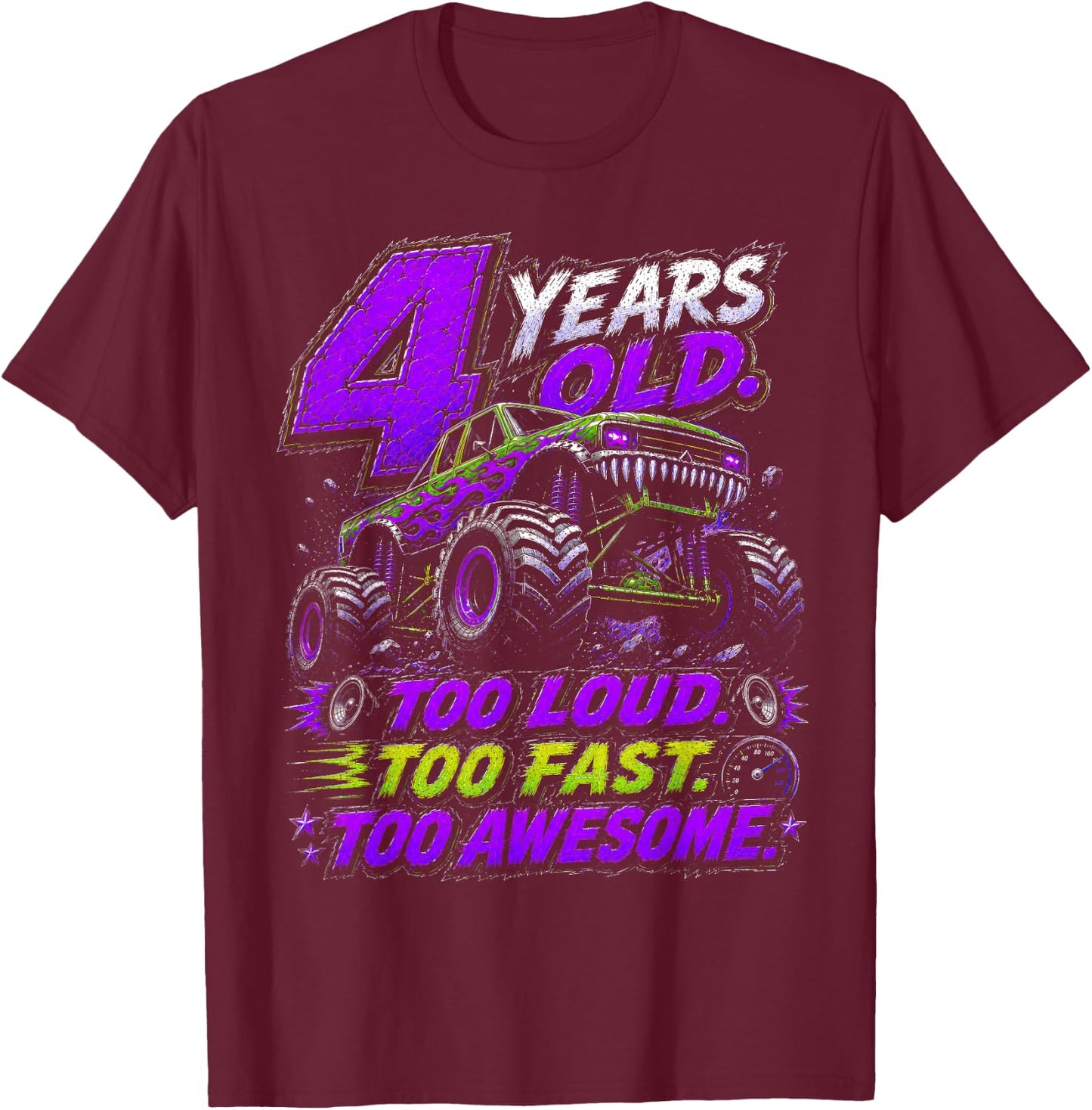 Monster Truck 4th Birthday Shirt 4 Year Old 4th Birthday Boy T-Shirt - T-Shirt | Maroon