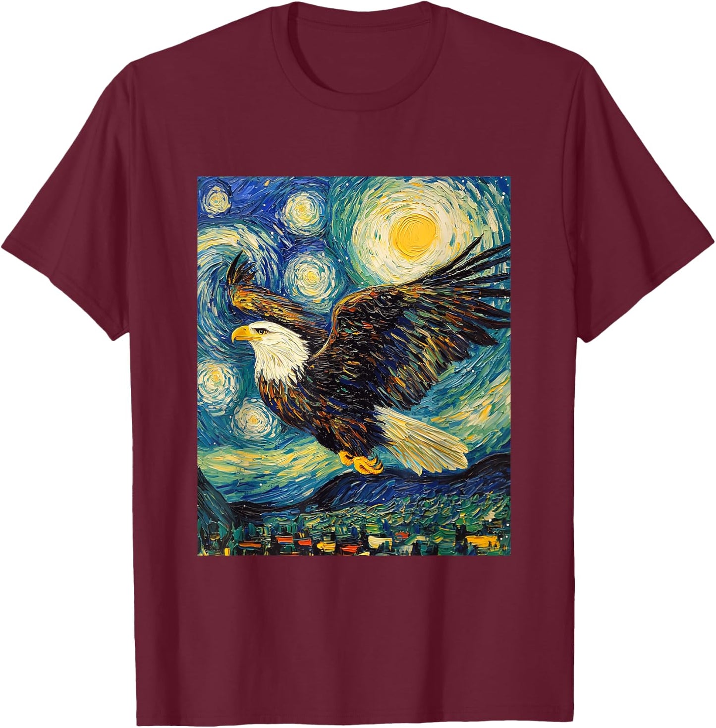 Bald Eagle Bird - Van Gogh Style - Starry Night T-Shirt - T-Shirt | Maroon